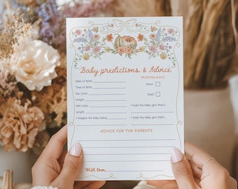 Tarjetas con predicciones y consejos para baby shower de otoño, juego imprimible de calabazas con flores silvestres