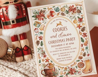 May include: A rectangular invitation card with a festive border of watercolor poinsettias, pinecones, and gingerbread men. The text reads: Cookies and Cocoa Christmas Party, December 17 at 8pm, The Green Residence, 1113 Chumley Rd, VA Beach, 23451.