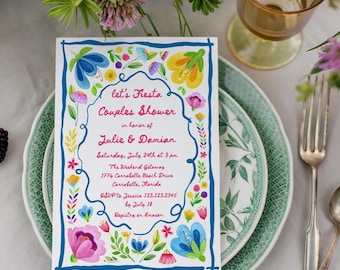 Hand-Drawn Fiesta Couples Shower Invitation, Editable Colorful Floral Mexican Party Template