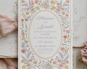 May include: A wedding invitation card featuring a floral border of pink, yellow, and purple flowers surrounding text that reads Florence and Gerald, invite you to their wedding, 03/03/2027, two o'clock in the afternoon, The Gardens at Heather Farm.