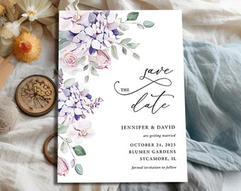 Purple floral Save The Date card lavender wedding save the date invite printable, 2024 spring summer pink purple save the date