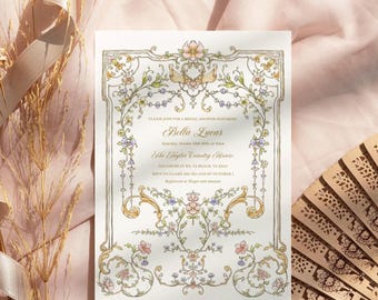 Victorian bridal shower invitation, Gold pink purple vintage floral invite, Regency era Chinoiserie Theme