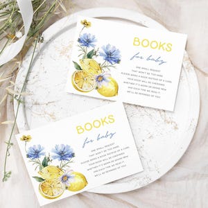 Citroenboeken voor baby kaart citrus babyshowerspelletjes Boekverzoek, breng een boek mee in plaats van kaart AFDRUKBAAR Blauwe bloemen citroen babyshowerspel