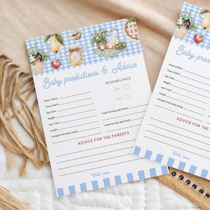 Lokaal geteelde babyvoorspellings- en advieskaart Fruitgroenten Voorspellingen voor babyjongen Blauwe gingang Boerenmarkt babyshowerspelletjes