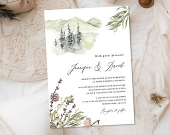 Mountain wedding invitation woodland wedding invite printable, 2024 boho wildflower wedding invitation template