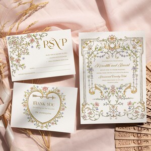 Vintage floral wedding invitation Art nouveau wedding invite with details card, RSVP, Chinoiserie frame Baroque Victorian wedding theme