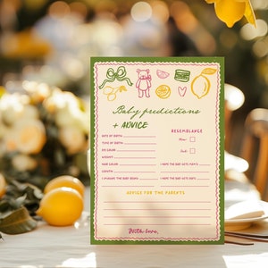 Prédictions et carte de conseils pour bébé au citron, Jeux de baby shower aux agrumes d'été, Thème italien méditerranéen dessiné à la main, Prédictions pour bébé