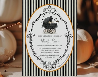 May include: A rectangular baby shower invitation featuring a black and white vertical striped background. The center has an oval frame with a gold border, containing a black baby carriage illustration, bats, and text for Emily Lucas on October 28th.