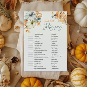 Name that baby song Fall Baby Shower game Name that baby tune game printable, boy blue pumpkin baby shower games