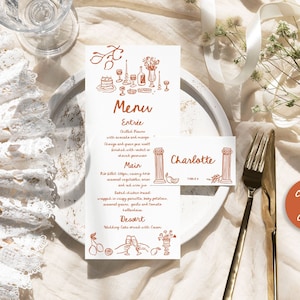 Menú de boda escrito a mano y tarjeta de lugar con decoración de temática mediterránea italiana, menú de cena de ensayo escrito a mano con garabatos caprichosos