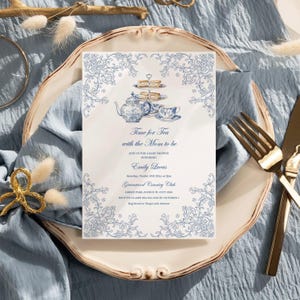 Toile baby shower tea party invitation. Time for tea with mommy to be, Dusty blue Chinoiserie Invite