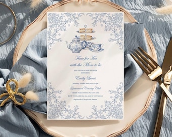 Dusty blue Tea Party Baby Shower Invitation, French Toile De Jouy Chinoiserie Editable Template