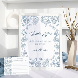 Datum Nacht Idee Karte und Schild Dusty blue Toile Datum Glas Zeichen, Datum Nacht Karten Floral Chinoiserie etwas Blau Brautdusche Spiel