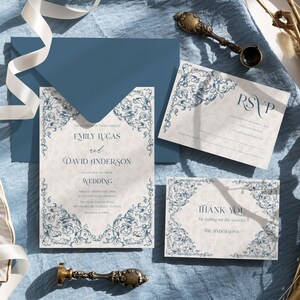 Blue Vintage wedding invitation suite Classic Baroque wedding invite set, Chinoiserie floral frame Regency Victorian wedding invite
