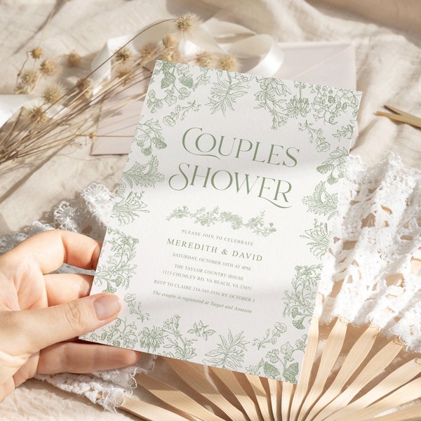 Toile couples shower invitation, Sage green Chinoiserie wedding shower invite, Green floral vintage couples invitation