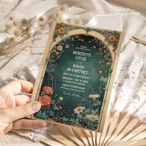 Art nouveau wedding invitation Retro Vintage floral wedding invite, Victorian floral garden Wildflower Autumn Fall wedding invitation