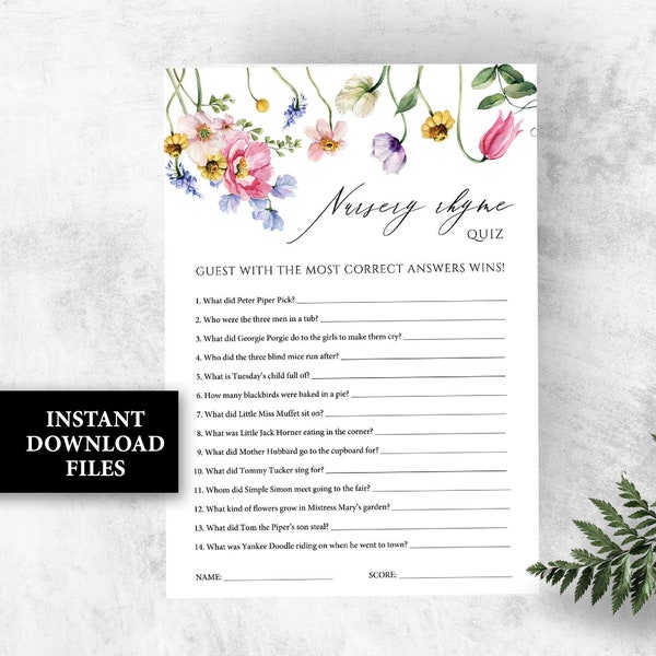 Nursery rhyme quiz Wildflower baby shower game printable, Girl spring summer floral baby shower activity