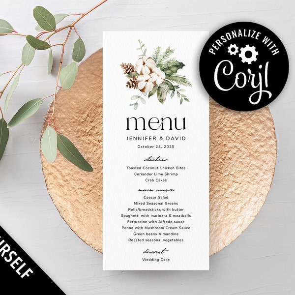 Winter wedding menu template winter menu card printable, Pinecone wedding table decor, Baby shower menu, Bridal shower decoration