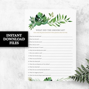 What did the groom say tropical bridal shower game Greenery bridal games palm leaf monstera bachelorette games printable image 1