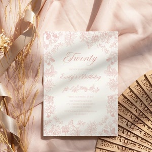 Roze Toile verjaardagsuitnodiging chinoiserie vrouwen verjaardagsuitnodiging, bloemen vintage volwassen verjaardagsfeestje uitnodigen, meisje verjaardagsuitnodigingen