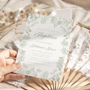Convite de batismo em toile verde sálvia Convite de batismo para menina ou menino, convite de batismo em chinoiserie floral vintage francês