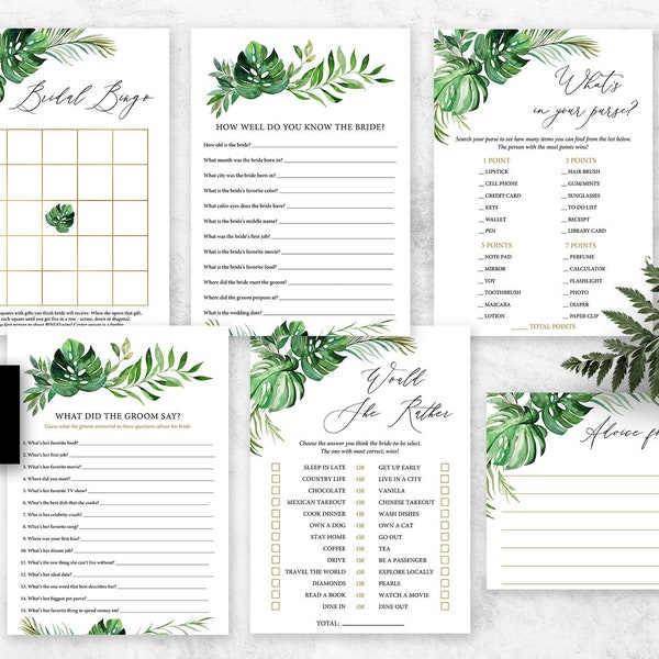 Tropical bridal shower games bundle monstera palm leaf bridal games Package PRINTABLE wedding shower, boho bachelorette games