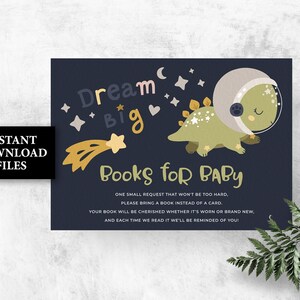 Boeken voor Baby Space dinosaurus babyshowerspel Boekverzoekkaart AFDRUKBAAR, Bring a Book-kaart Jongen Galaxy Space Babyshower-games