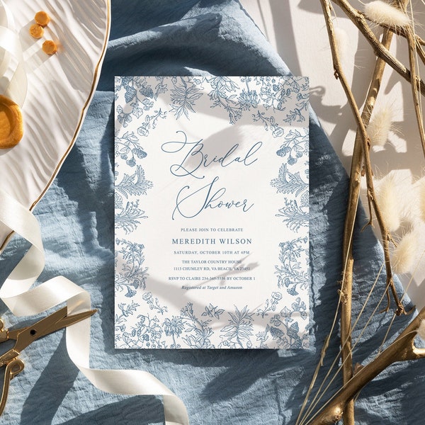 Chinoiserie bridal shower invitation Vintage Floral bridal invite, Digital dusty blue Toile bridal shower invite