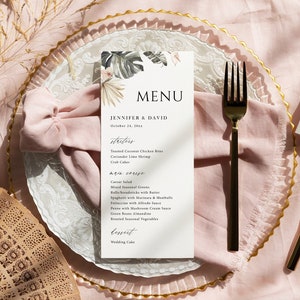 Modèle de carte de menu tropical, baby shower en feuille de palmier, décoration de table de douche nuptiale, menu de mariage tropical, menu de fête d'anniversaire d'été