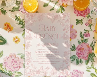Pink Floral Toile Baby Brunch Invitation: Vintage Chinoiserie Garden Party Template