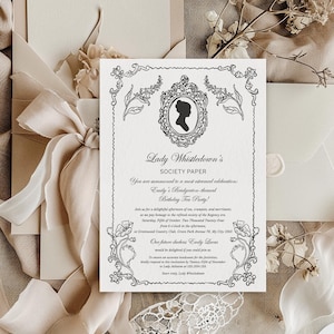 Vintage Birthday tea party invitation, Women birthday brunch, Afternoon tea floral frame Cameo Silhouette Victorian Regency Birthday invite