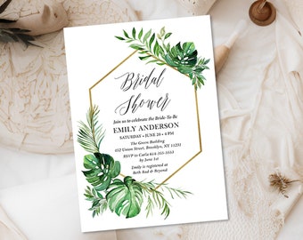 Tropical bridal shower invitation boho beach bridal shower invite, greenery monstera palm leaf bridal shower invitation template