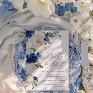 Blue Floral Birthday Invitation Women birthday invite, adult birthday party, blue white flowers Girl birthday party invitation