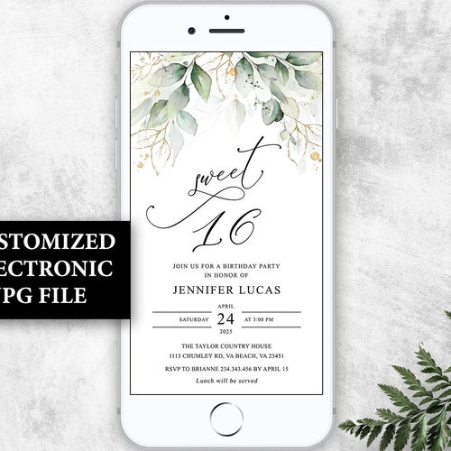 Electronic Birthday Invitation Sweet 16 Invitations Greenery Etsy