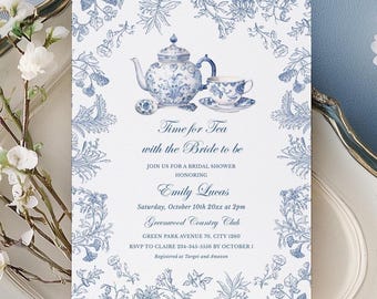 French Toile De Jouy High Tea Bridal Shower Invitation | Dusty Blue Chinoiserie Teapot Vintage Floral Garden Tea Party Template