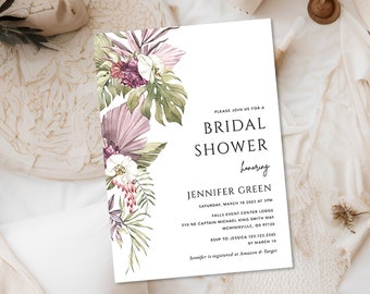 Purple tropical Bridal shower invitation floral palm leaf bridal shower invite template Monstera boho beach bridal shower invitation