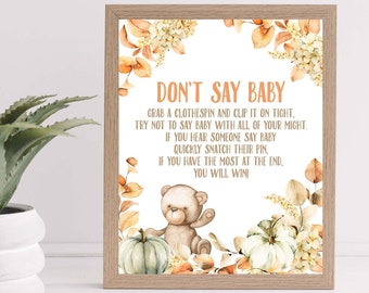 Teddy bear don't say baby Sign fall pumpkin baby shower sign Printable autumn fall baby shower decor, neutral Pumpkin Bear baby shower game