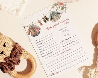 Baby Predictions and advice card Girl baby clothes line baby shower game Printable Pink floral boho predictions for baby