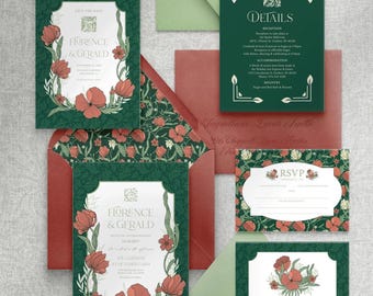 May include: A wedding stationery set featuring dark green cards with red poppy floral illustrations. The set includes invitations, a details card, an RSVP card, and a thank you note, all accented with white text and matching envelopes in sage green and deep red.