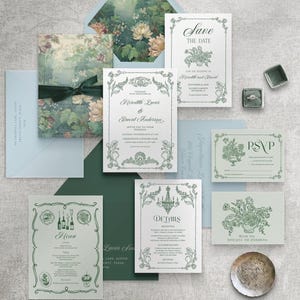 Regency Era wedding invitation Suite, Hunter Green floral wedding invite set, Vintage Victorian Botanical Garden wedding Bundle