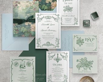 Regency Era wedding invitation Suite, Hunter Green floral wedding invite set, Vintage Victorian Botanical Garden wedding Bundle