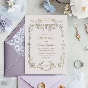 Vintage Wildblumen Hochzeitseinladung Viktorianische Hochzeit laden Monogramm, Blume verzierten Rand, feine Kunst Regency Blumenhochzeitseinladung ein