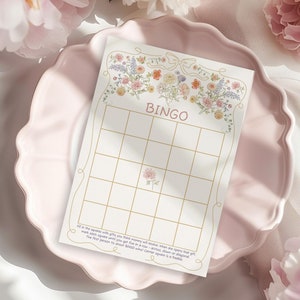 Bingo floral para bebés Juegos para baby shower de bebés en flor Decoración para baby shower de niñas, color rosa pastel y morado Tarjetas de bingo para baby shower de flores silvestres vintage