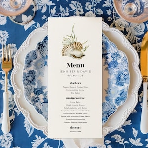 Carte de menu côtier Décoration de table de douche nuptiale Seashell Beach Printemps été Ocean Party Modèle de menu de mariage nautique