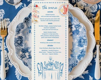 Whimsical Hand-drawn Wedding Menu Template, Digital Watercolor Garden Birthday Party Decor