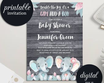 Twins Baby Shower Invitation, Elephant Baby Shower Invitation Girl Boy Twins Invitation, Safari Jungle Baby Shower Invitation Printable
