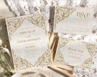 Vintage wedding invitation Baroque Frame wedding invite with details card, RSVP, Thank you card, Gold classic invitation suite