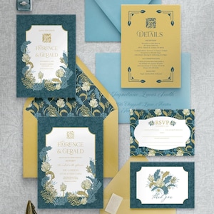 Jugendstil Hochzeitseinladung, Botanischer Garten Hochzeitseinladung, William Morris Stil Vintage Retro Blau Blumen Hochzeitseinladungsreihe