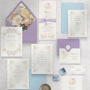 Conjunto de invitaciones de boda con jardín botánico Delicada flor silvestre Invitación de boda romántica Paquete de invitaciones de boda vintage con flores escritas a mano