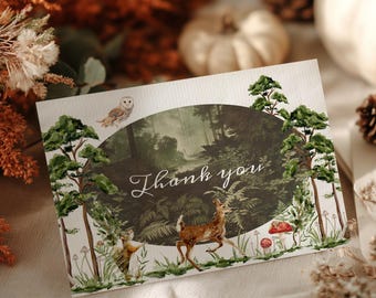 Vorlage für eine Dankeskarte im Vintage-Wald-Stil, Geburtstags-Dankeskarte mit Waldtieren, digitaler Download